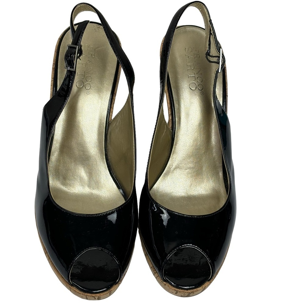 Franco Sarto Black Patent 4” Platform Cork Wedge Ankle Strap Open Toe Size 8 - Picture 3 of 10